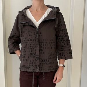 LODEN Khaki  Abstract Print  Hood Zip Front Jacket 3/4 Sleeve Artsy Layer Canada